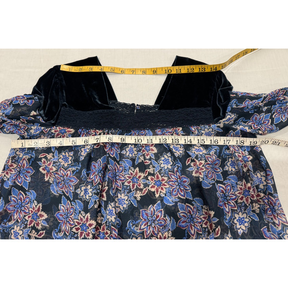 Sundance Blue Blouse Sz XS Fairy Top Sheer Floral Velvet Lace Trim Whimsigoth - Picture 6 of 8